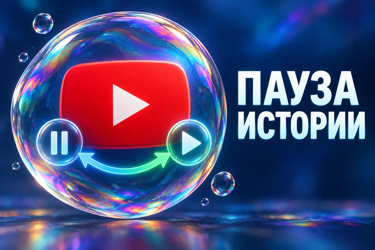ПАУЗА ИСТОРИИ: авторский нейросетевой постер с логотипом YouTube для инструкции DownJet