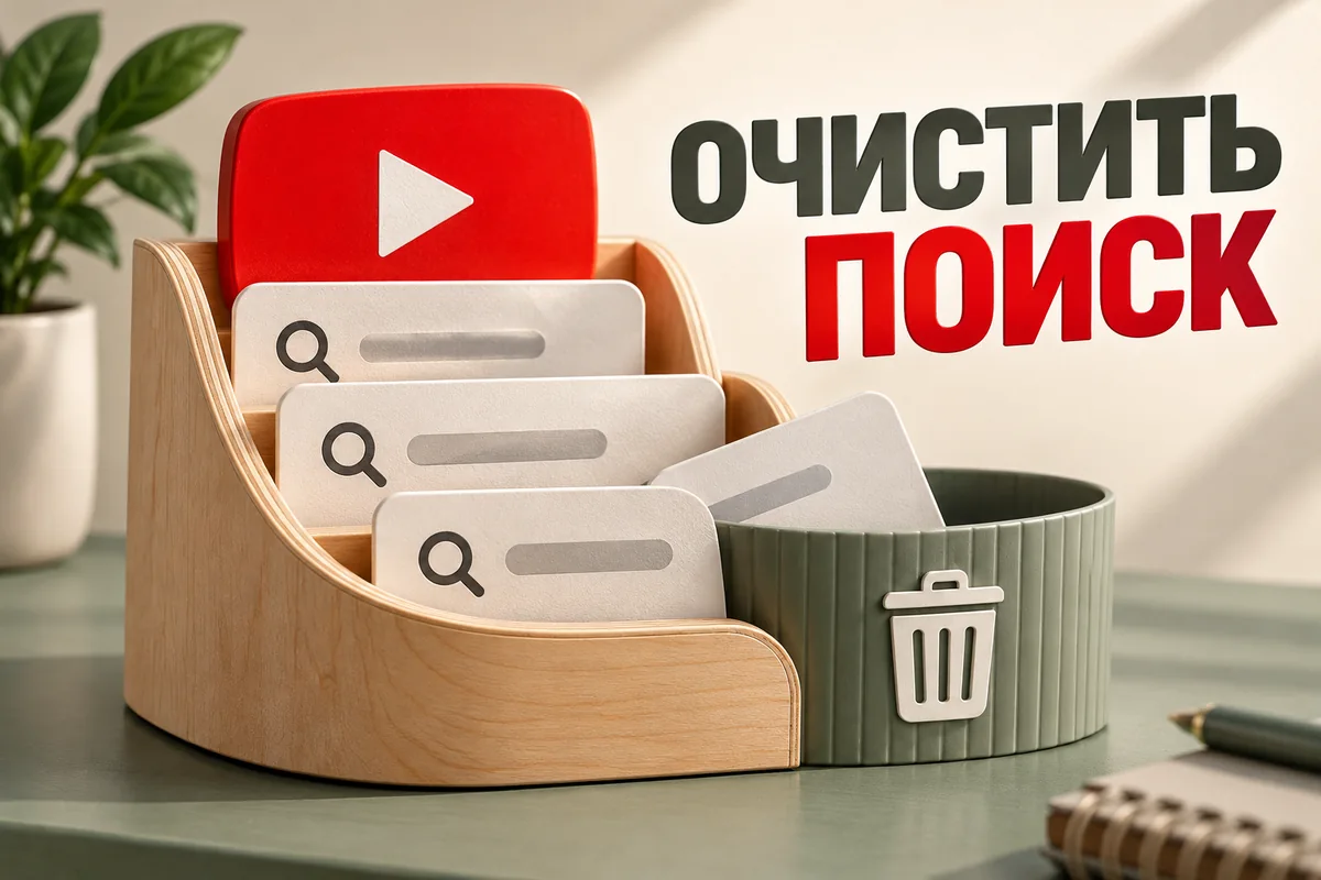ОЧИСТИТЬ ПОИСК: авторский нейросетевой постер с логотипом YouTube для инструкции DownJet