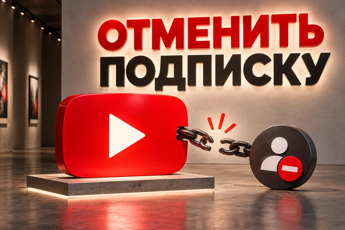 ОТМЕНИТЬ ПОДПИСКУ: авторский нейросетевой постер с логотипом YouTube для инструкции DownJet