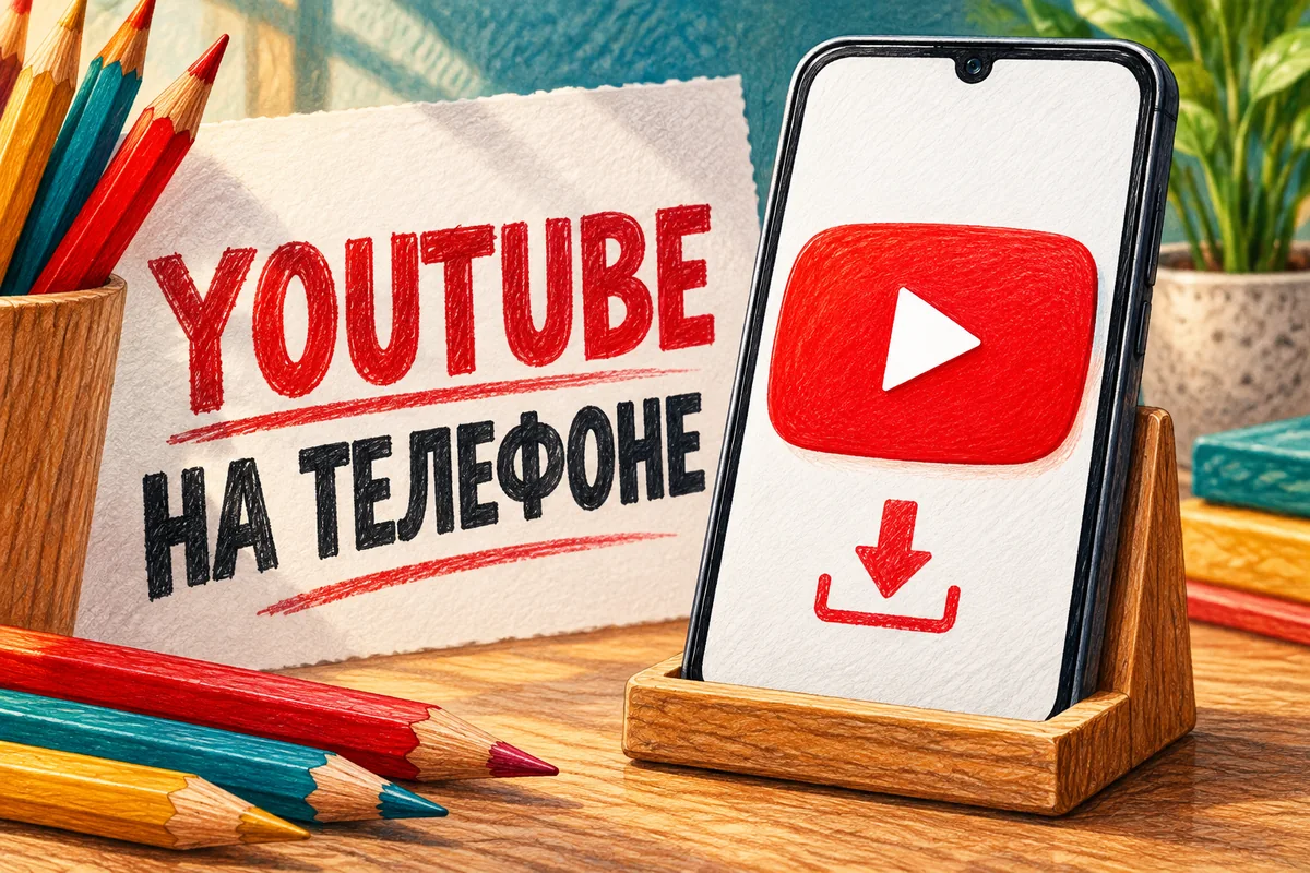 YOUTUBE НА ТЕЛЕФОНЕ: иллюстрация с логотипом YouTube к инструкции DownJet