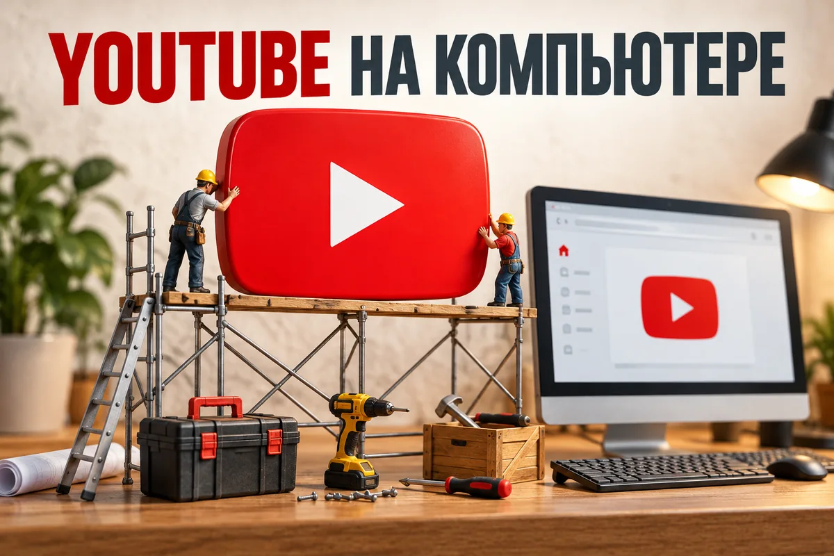 YOUTUBE НА КОМПЬЮТЕРЕ: иллюстрация с логотипом YouTube к инструкции DownJet