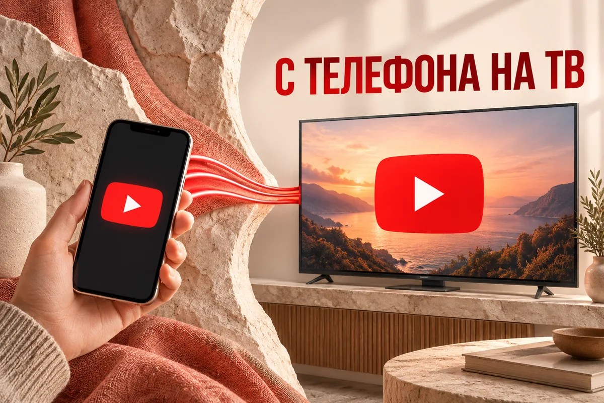 С ТЕЛЕФОНА НА ТВ: иллюстрация с логотипом YouTube к инструкции DownJet