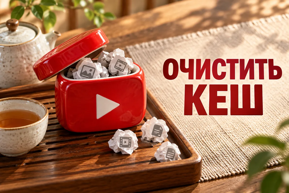 ОЧИСТИТЬ КЕШ: иллюстрация с логотипом YouTube к инструкции DownJet