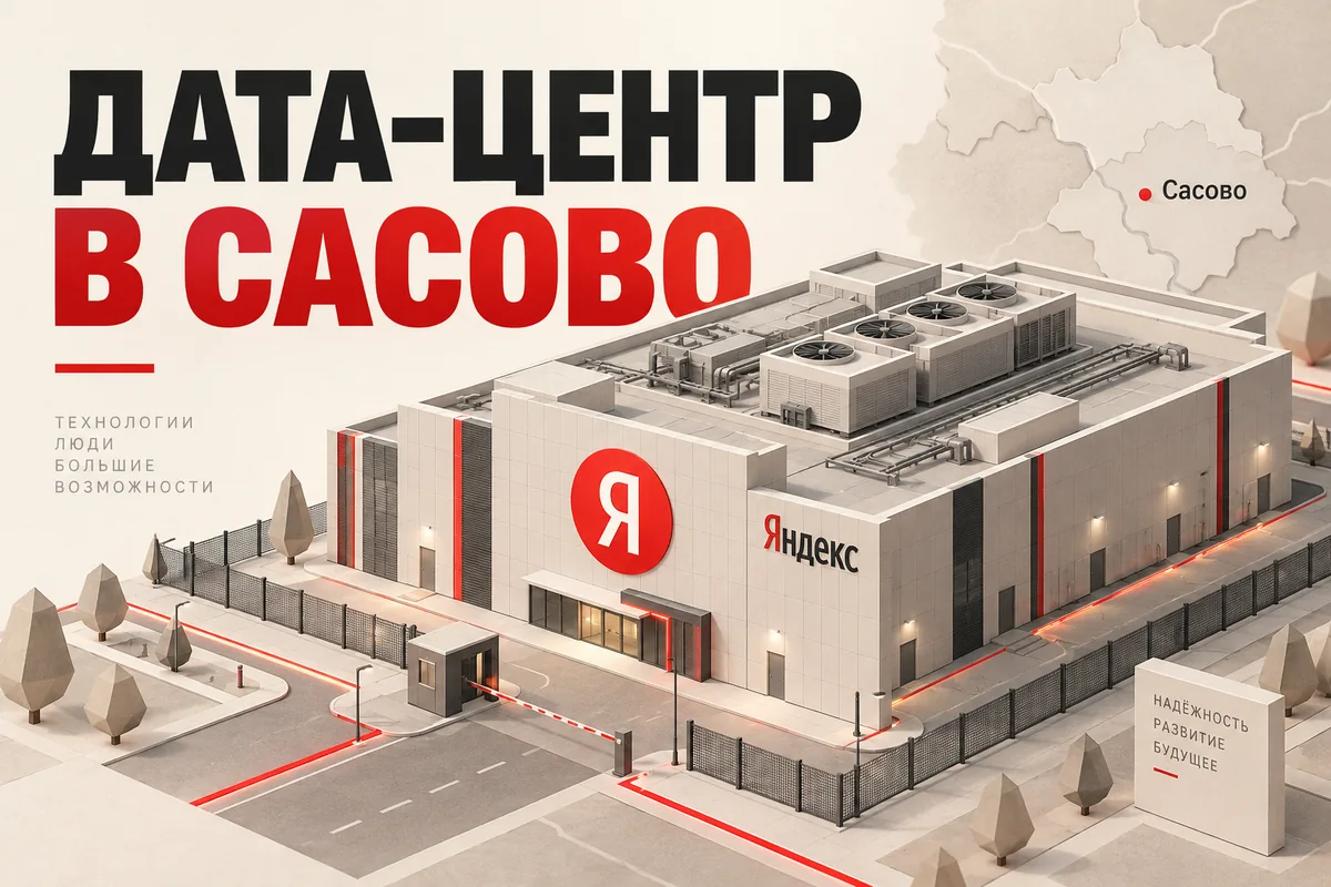 Редакционная AI-иллюстрация с логотипом Яндекса: ДАТА-ЦЕНТР В САСОВО. Изображение не является фотографией места события.