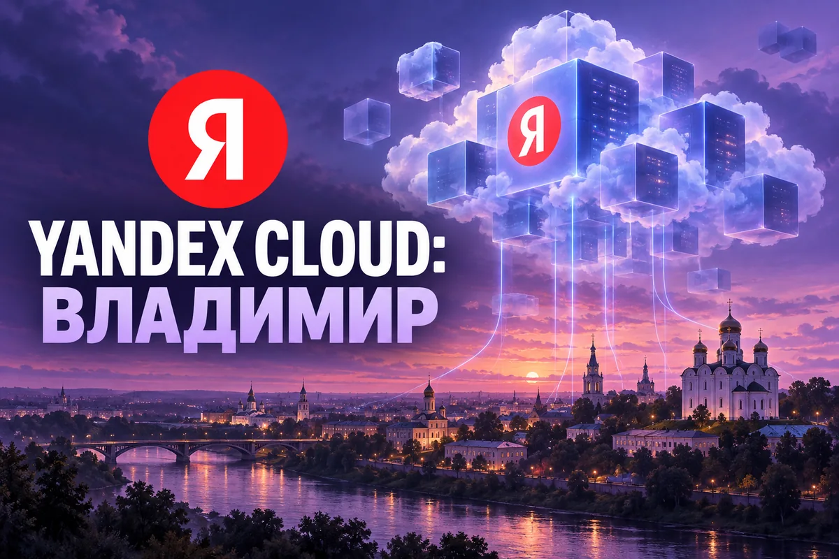 Редакционная AI-иллюстрация с логотипом Яндекса: YANDEX CLOUD: ВЛАДИМИР. Изображение не является фотографией места события.