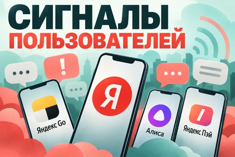 Редакционная AI-иллюстрация с логотипом Яндекса: СИГНАЛЫ ПОЛЬЗОВАТЕЛЕЙ. Изображение не является фотографией места события.