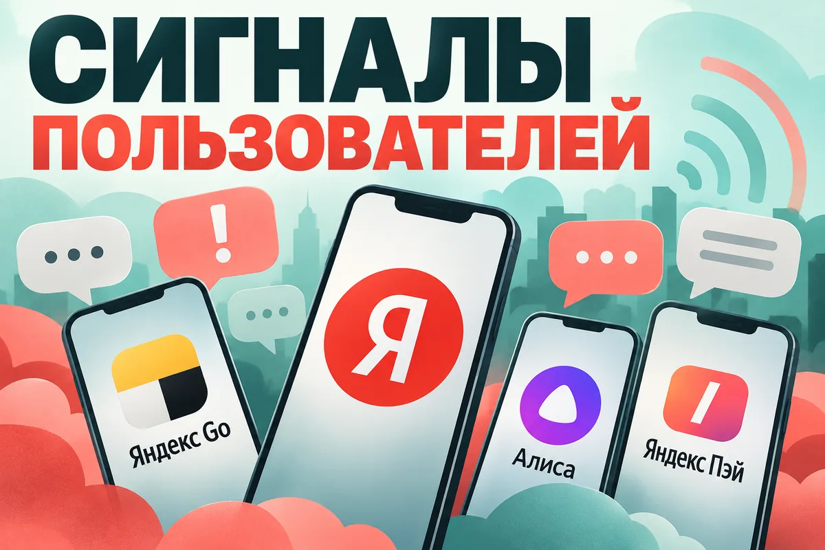 Редакционная AI-иллюстрация с логотипом Яндекса: СИГНАЛЫ ПОЛЬЗОВАТЕЛЕЙ. Изображение не является фотографией места события.
