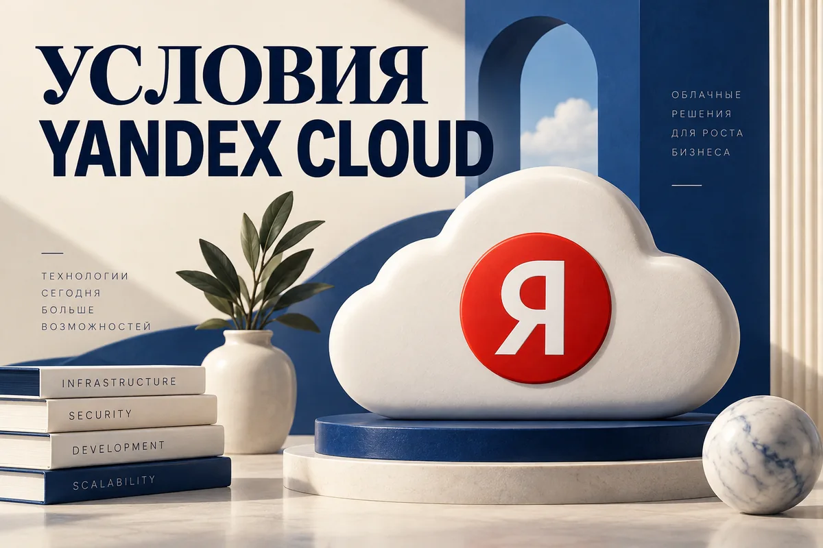 Редакционная AI-иллюстрация с логотипом Яндекса: УСЛОВИЯ YANDEX CLOUD. Изображение не является фотографией места события.