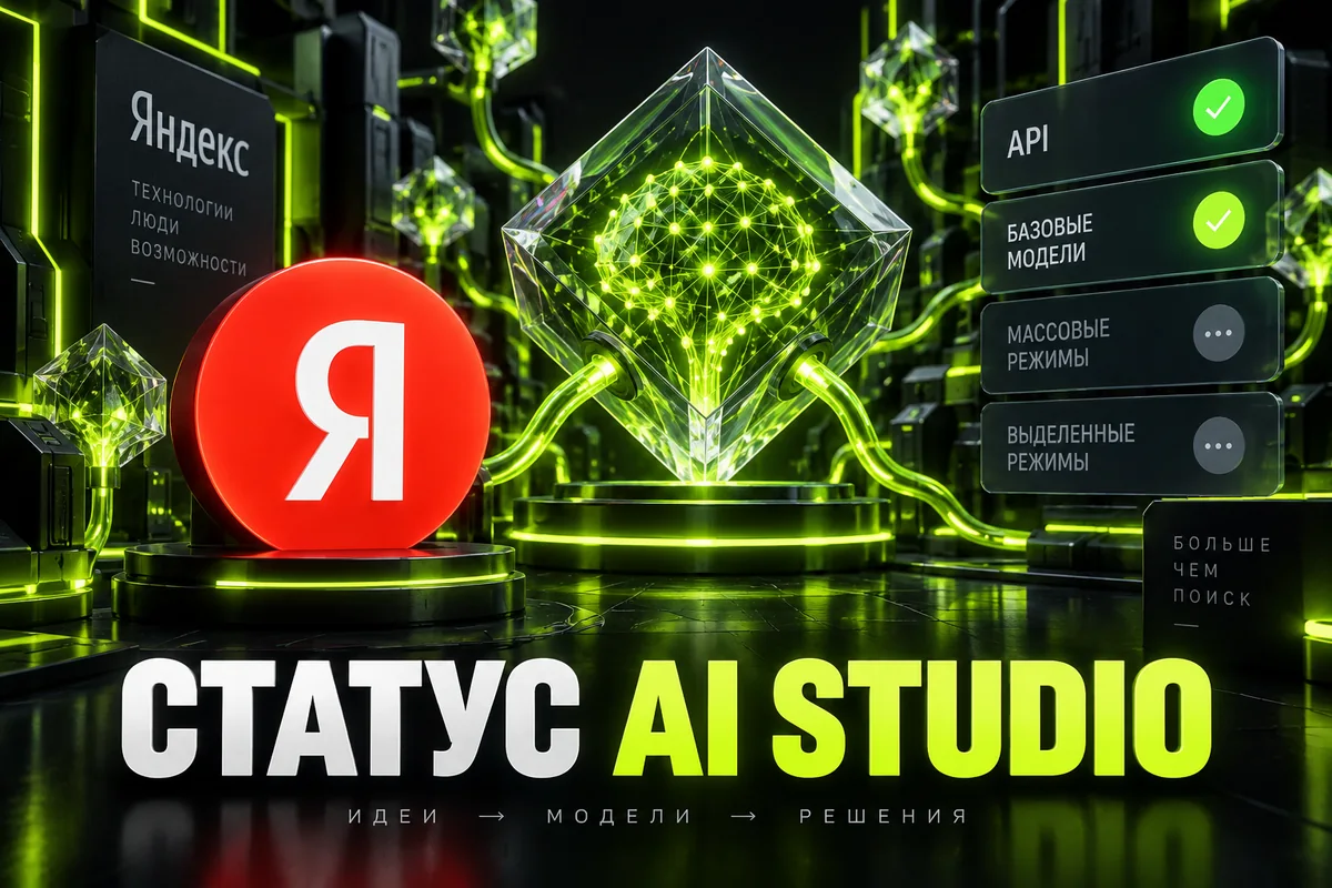 Редакционная AI-иллюстрация с логотипом Яндекса: СТАТУС AI STUDIO. Изображение не является фотографией места события.