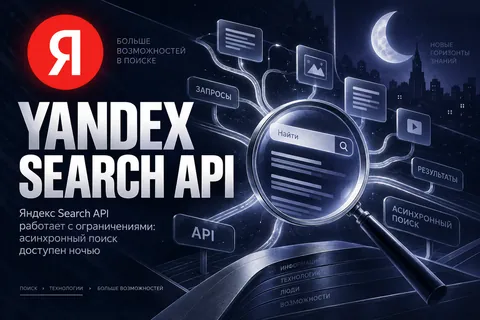 Редакционная AI-иллюстрация с логотипом Яндекса: YANDEX SEARCH API. Изображение не является фотографией места события.