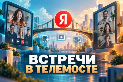 Редакционная AI-иллюстрация с логотипом Яндекса: ВСТРЕЧИ В ТЕЛЕМОСТЕ. Изображение не является фотографией места события.