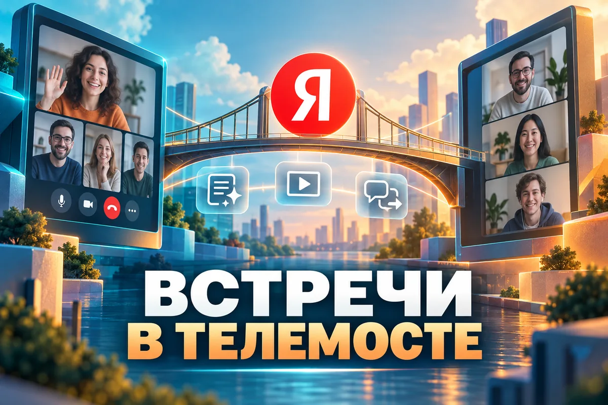 Редакционная AI-иллюстрация с логотипом Яндекса: ВСТРЕЧИ В ТЕЛЕМОСТЕ. Изображение не является фотографией места события.