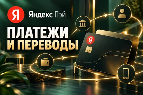 Редакционная AI-иллюстрация с логотипом Яндекса: ПЛАТЕЖИ И ПЕРЕВОДЫ. Изображение не является фотографией места события.