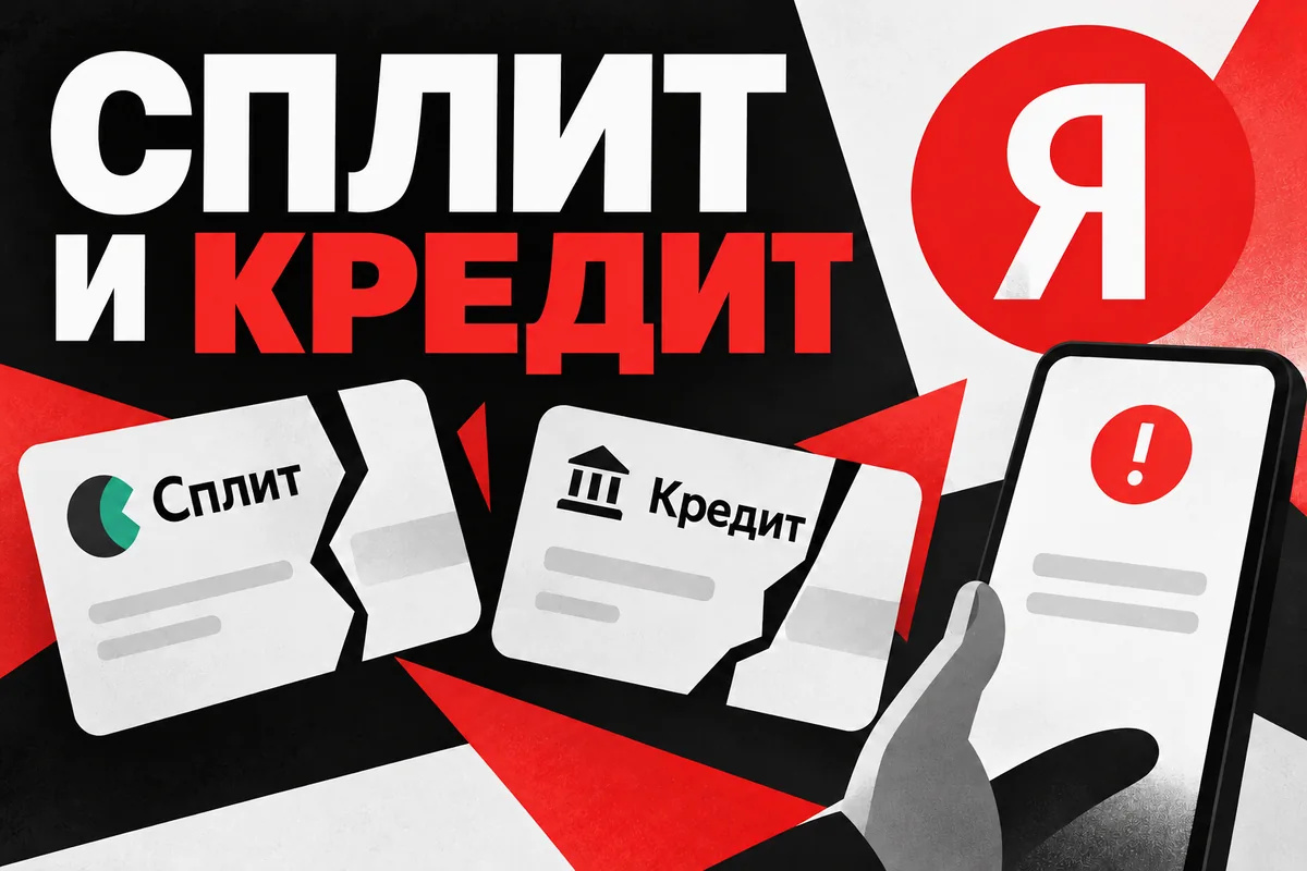 Редакционная AI-иллюстрация с логотипом Яндекса: СПЛИТ И КРЕДИТ. Изображение не является фотографией места события.