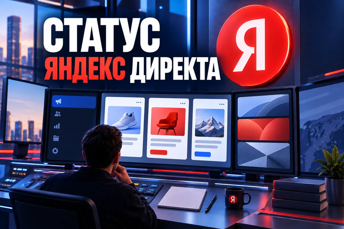 Редакционная AI-иллюстрация с логотипом Яндекса: СТАТУС ЯНДЕКС ДИРЕКТА. Изображение не является фотографией места события.