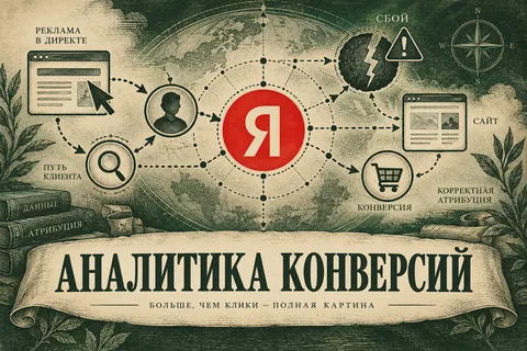 Редакционная AI-иллюстрация с логотипом Яндекса: АНАЛИТИКА КОНВЕРСИЙ. Изображение не является фотографией места события.