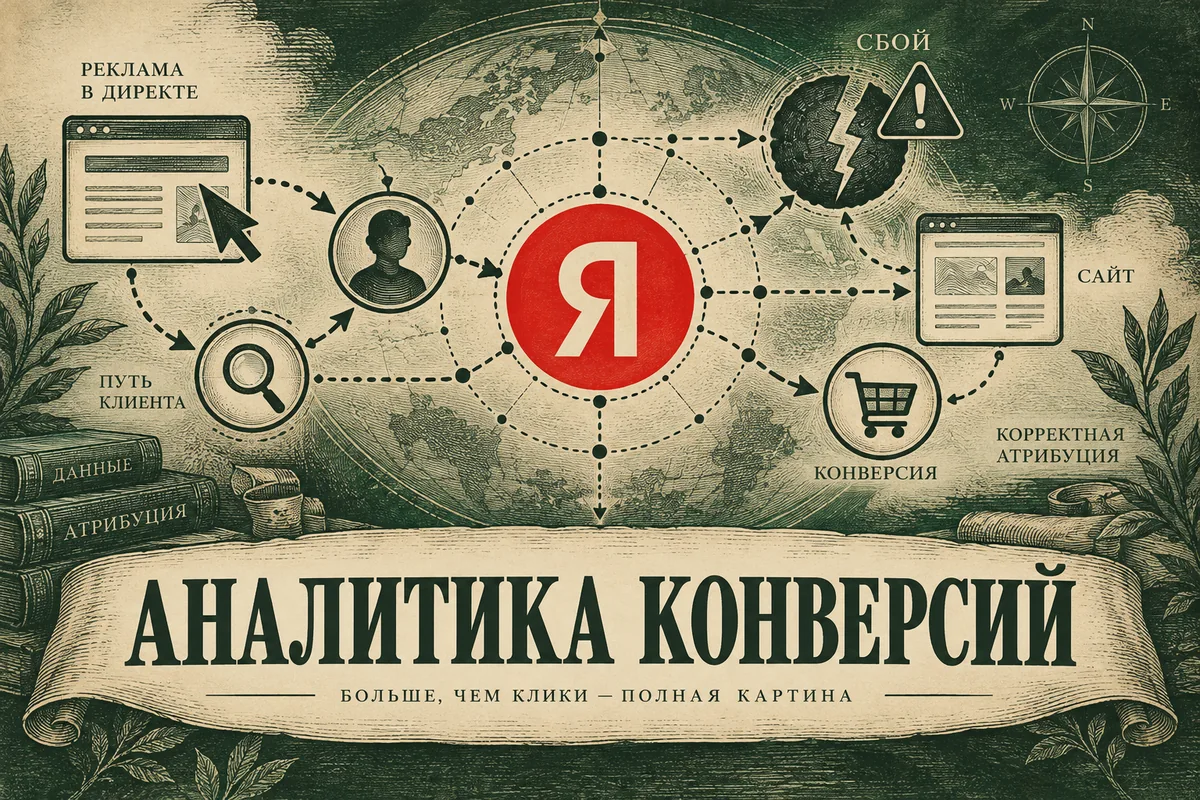 Редакционная AI-иллюстрация с логотипом Яндекса: АНАЛИТИКА КОНВЕРСИЙ. Изображение не является фотографией места события.