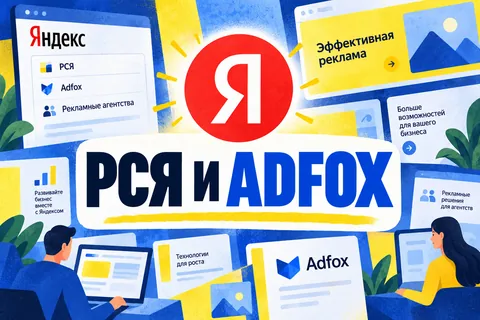 Редакционная AI-иллюстрация с логотипом Яндекса: РСЯ И ADFOX. Изображение не является фотографией места события.