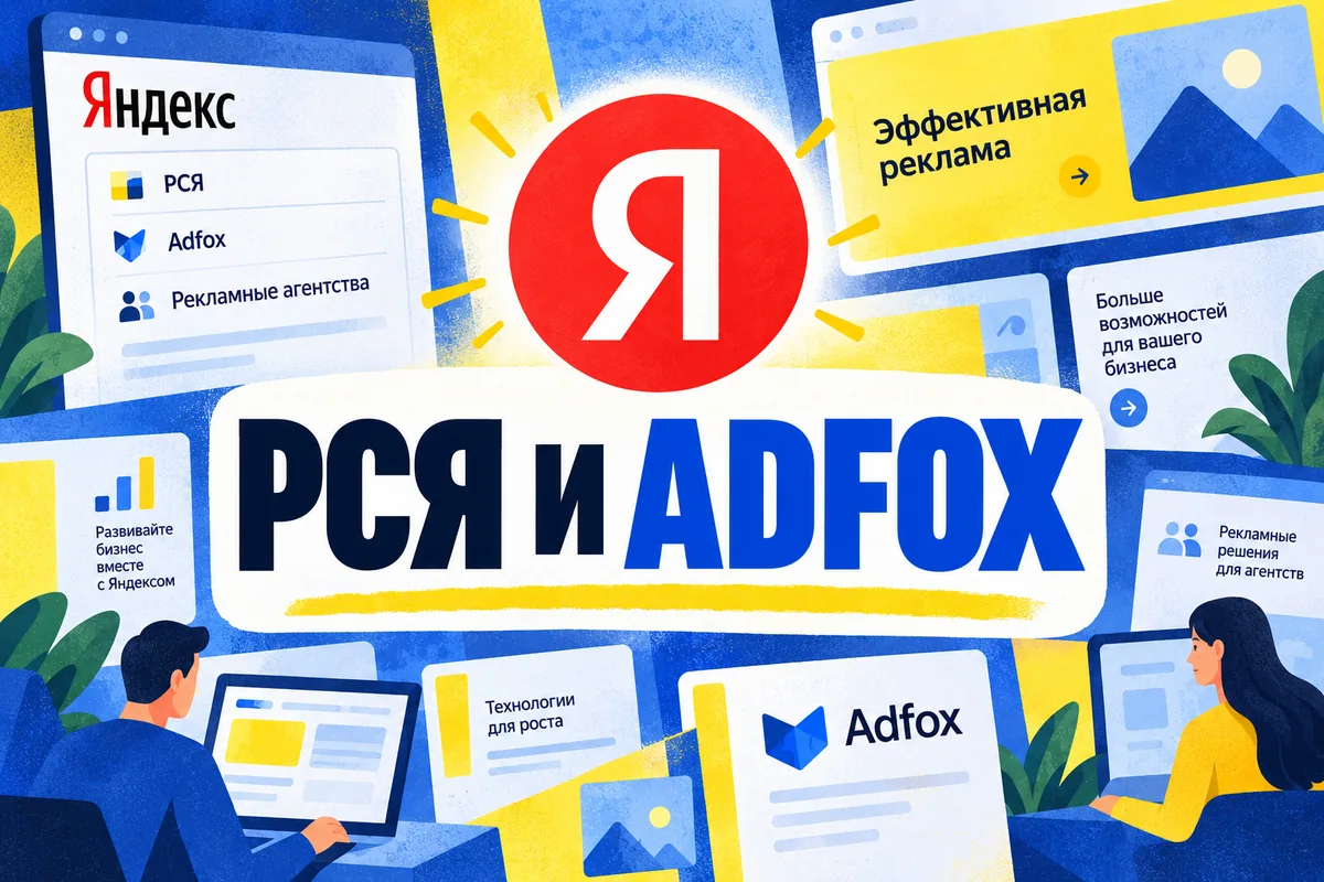 Редакционная AI-иллюстрация с логотипом Яндекса: РСЯ И ADFOX. Изображение не является фотографией места события.
