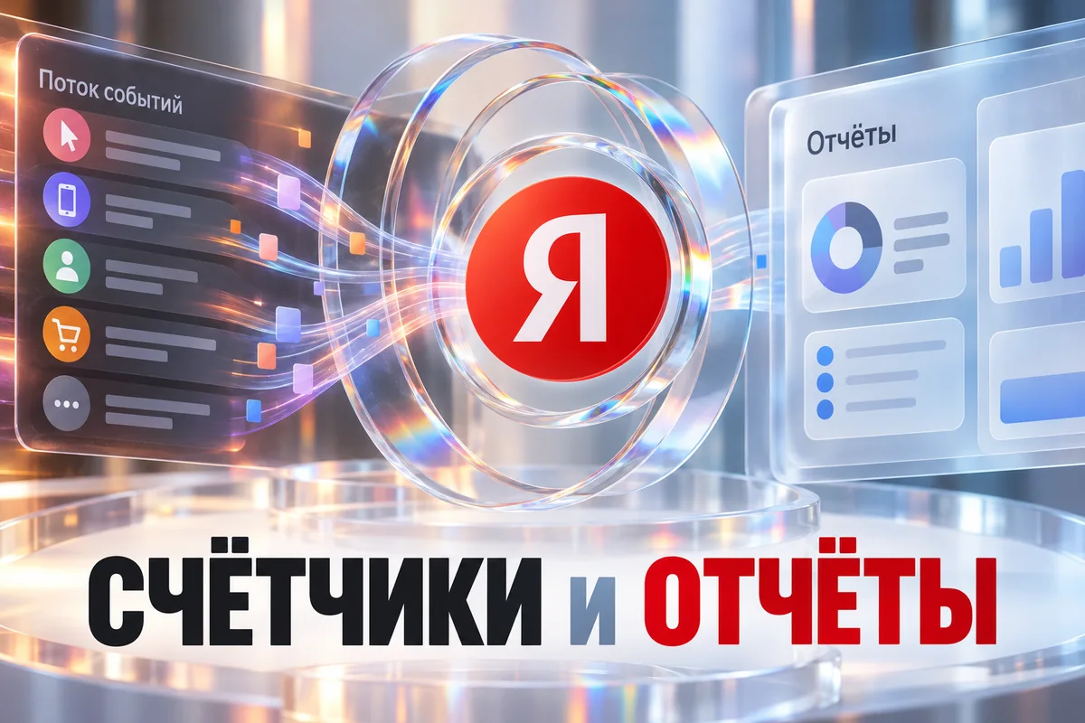 Редакционная AI-иллюстрация с логотипом Яндекса: СЧЁТЧИКИ И ОТЧЁТЫ. Изображение не является фотографией места события.