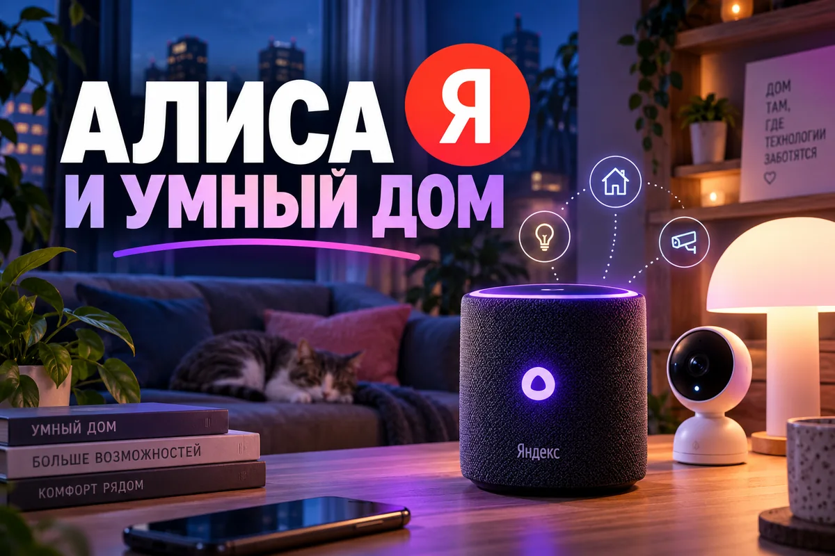 Редакционная AI-иллюстрация с логотипом Яндекса: АЛИСА И УМНЫЙ ДОМ. Изображение не является фотографией места события.
